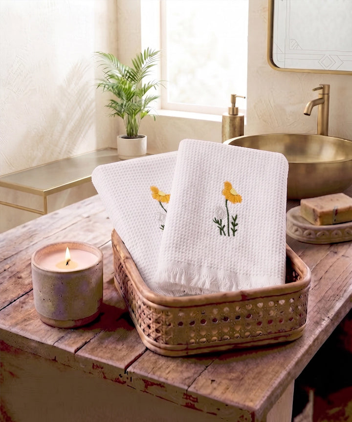 Embroidered Hand Towel - Set of 2 pcs in Cotton Waffle | Saffron Spring Off White