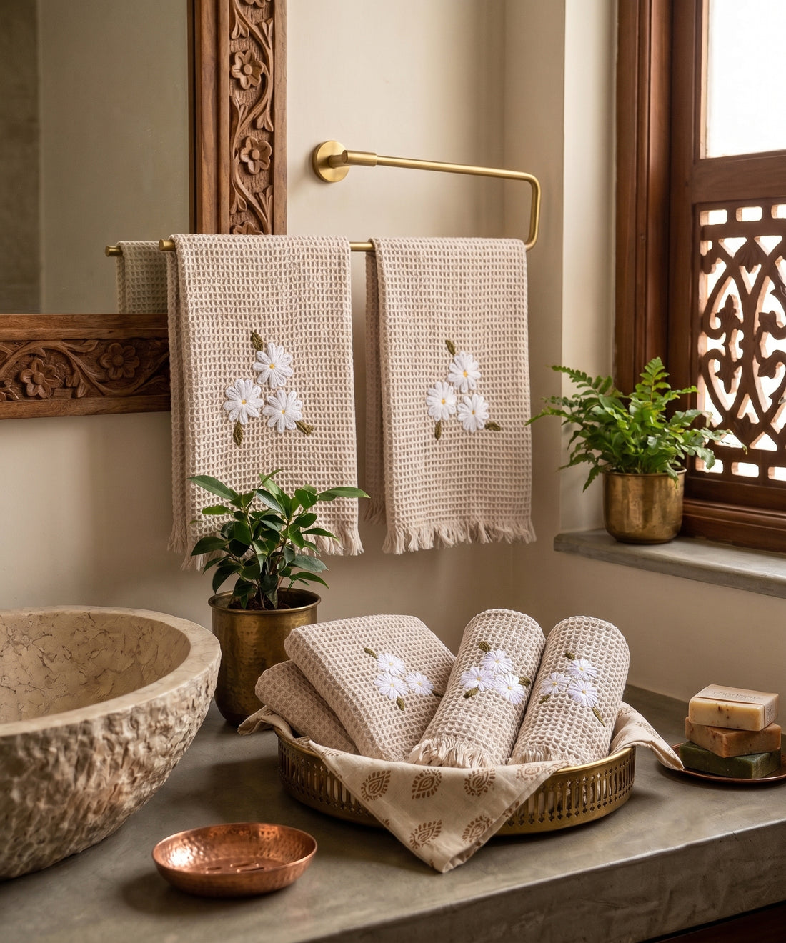 Set of 2 pcs Hand & 4 pcs Face Towels | Embroidered Cotton Waffle | Beige