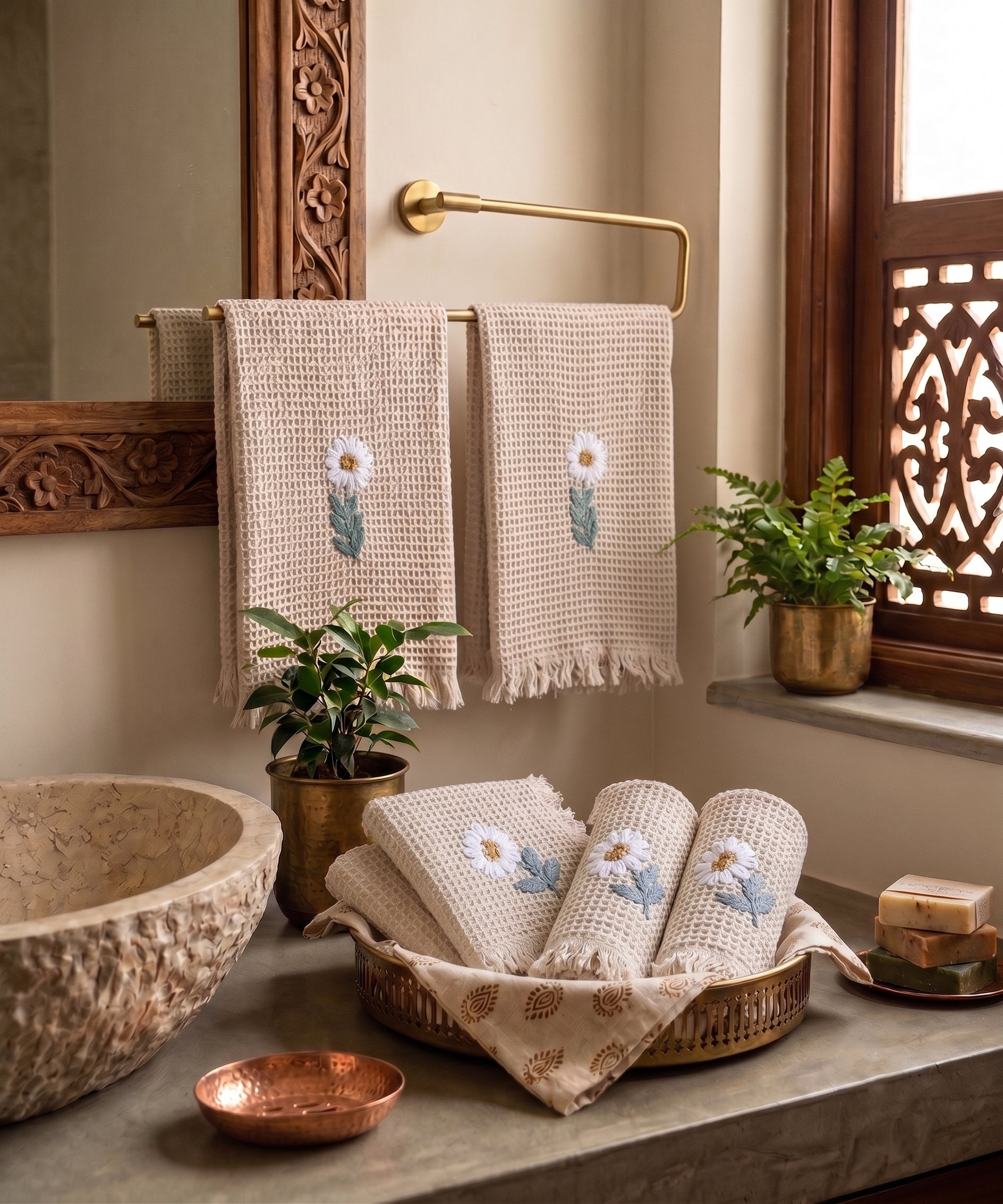 Set of 2 pcs Hand & 4 pcs Face Towels | Embroidered Cotton Waffle | beige