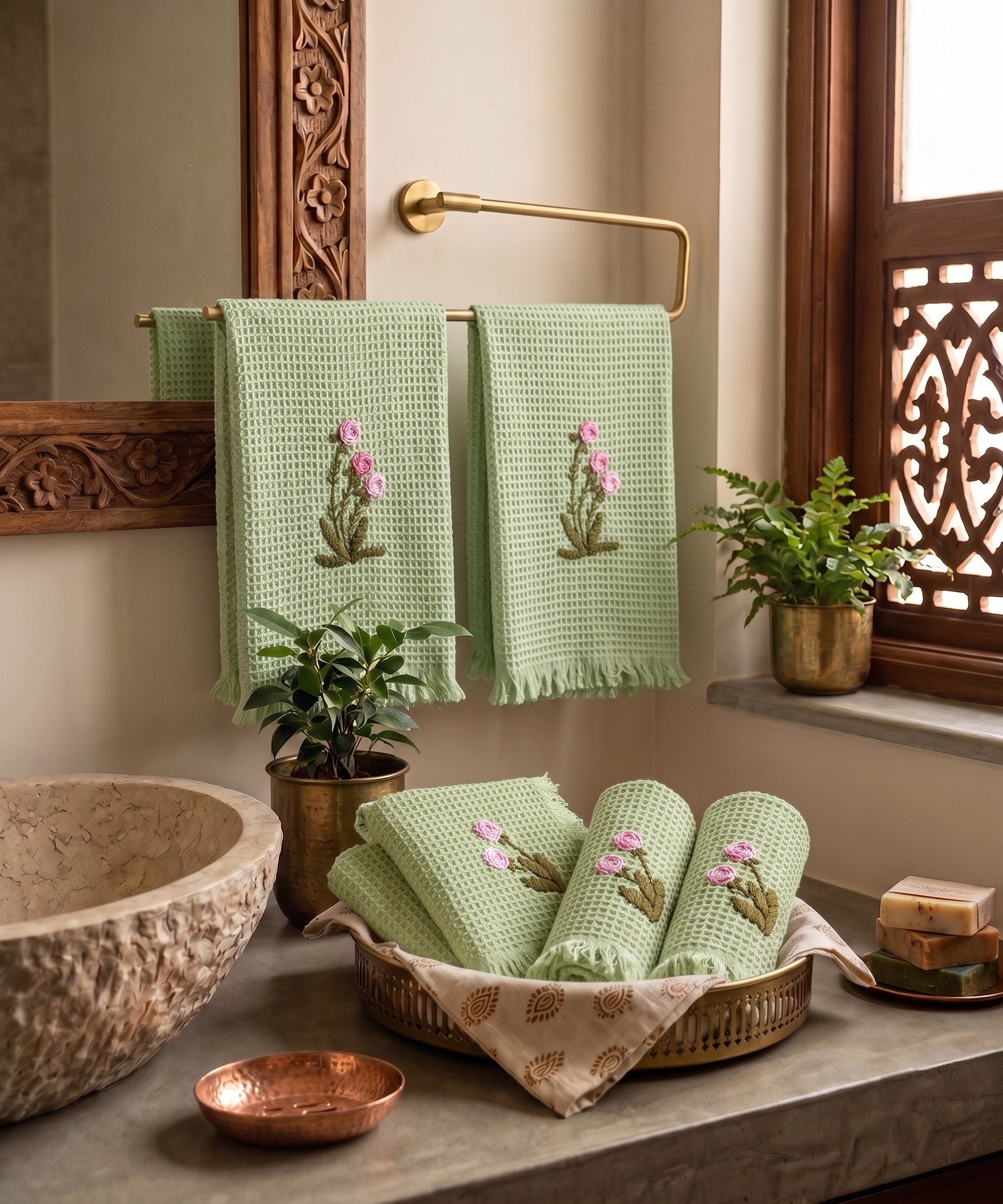 Set of 2 pcs Hand & 4 pcs Face Towels | Embroidered Cotton Waffle | Sage Green