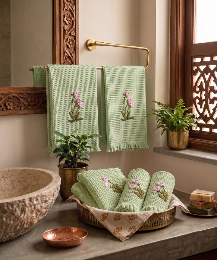 Set of 2 pcs Hand & 4 pcs Face Towels | Embroidered Cotton Waffle | Sage Green