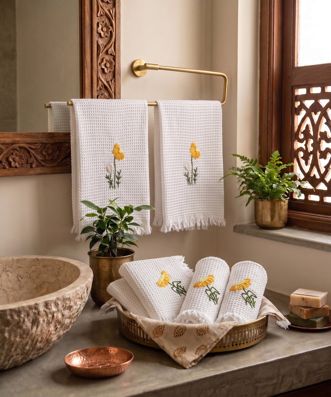 Set of 2 pcs Hand & 4 pcs Face Towels | Embroidered Cotton Waffle | White