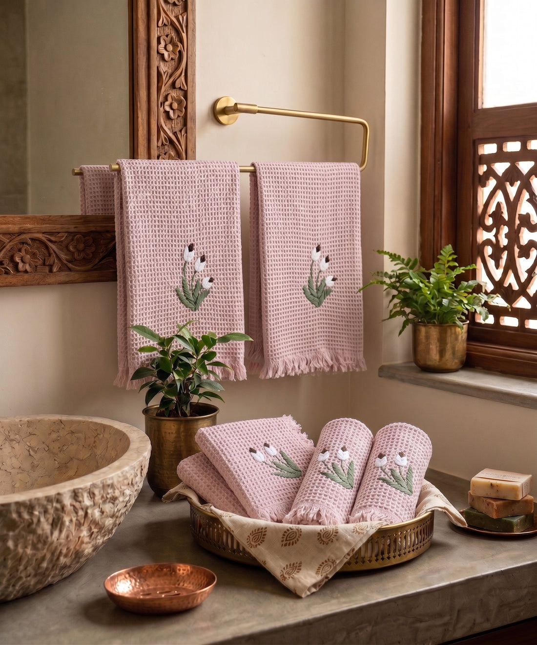 Set of 2 pcs Hand & 4 pcs Face Towels | Embroidered Cotton Waffle | Dusty PInk
