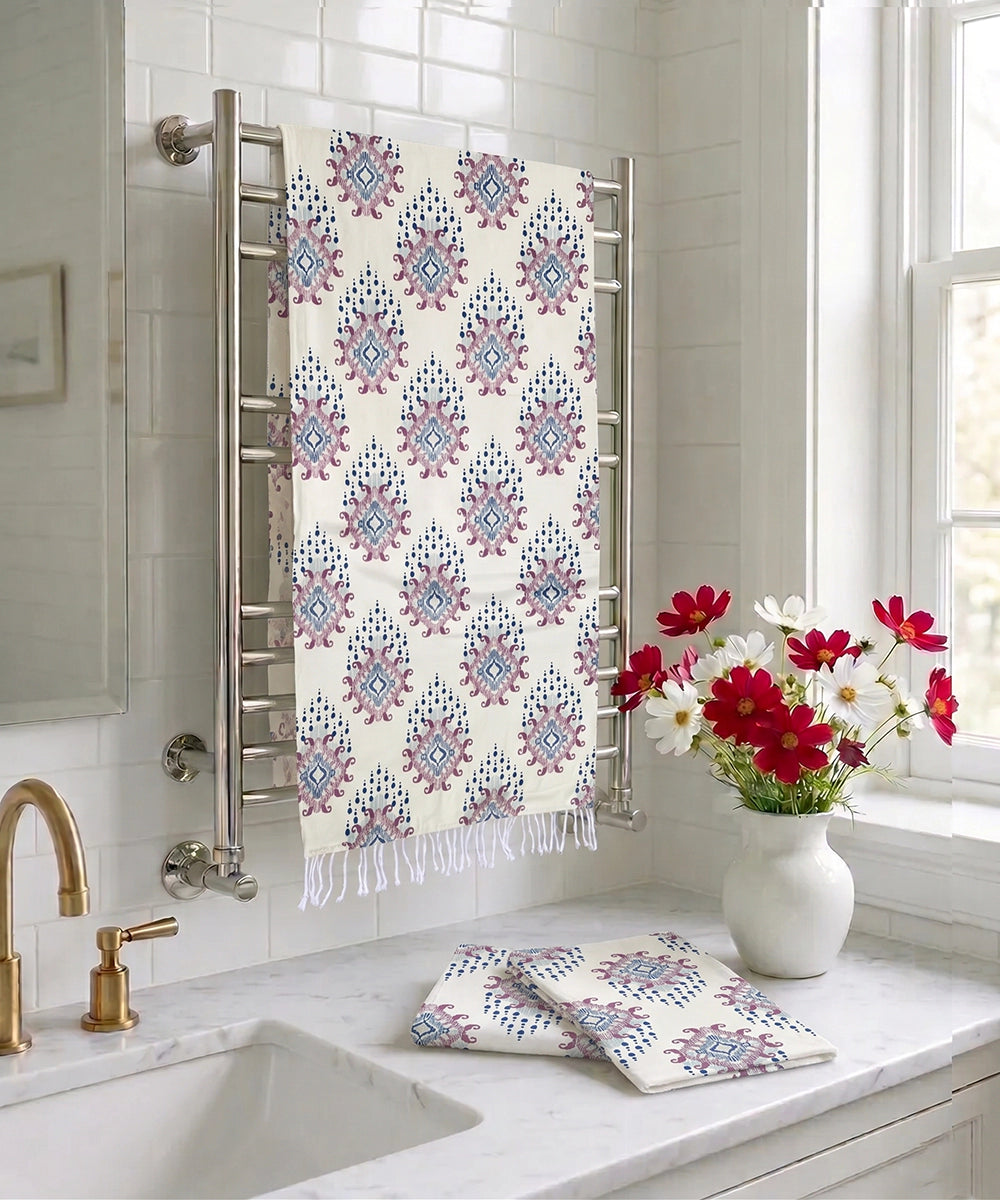 Printed 1 pc Bath + 2 pcs Hand Towel Set | Printed Cotton Front with Light Weight White Terry Back | Cream Ikat Print
