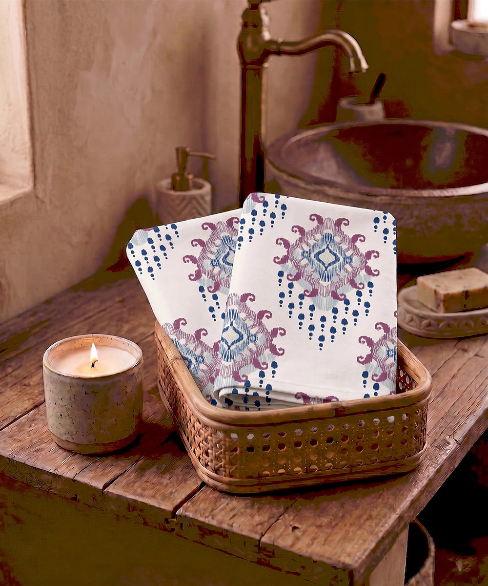 Set of 2 Printed Hand Towel I Printed Cotton Front with Light Weight White Terry Back I Cream Ikat Print