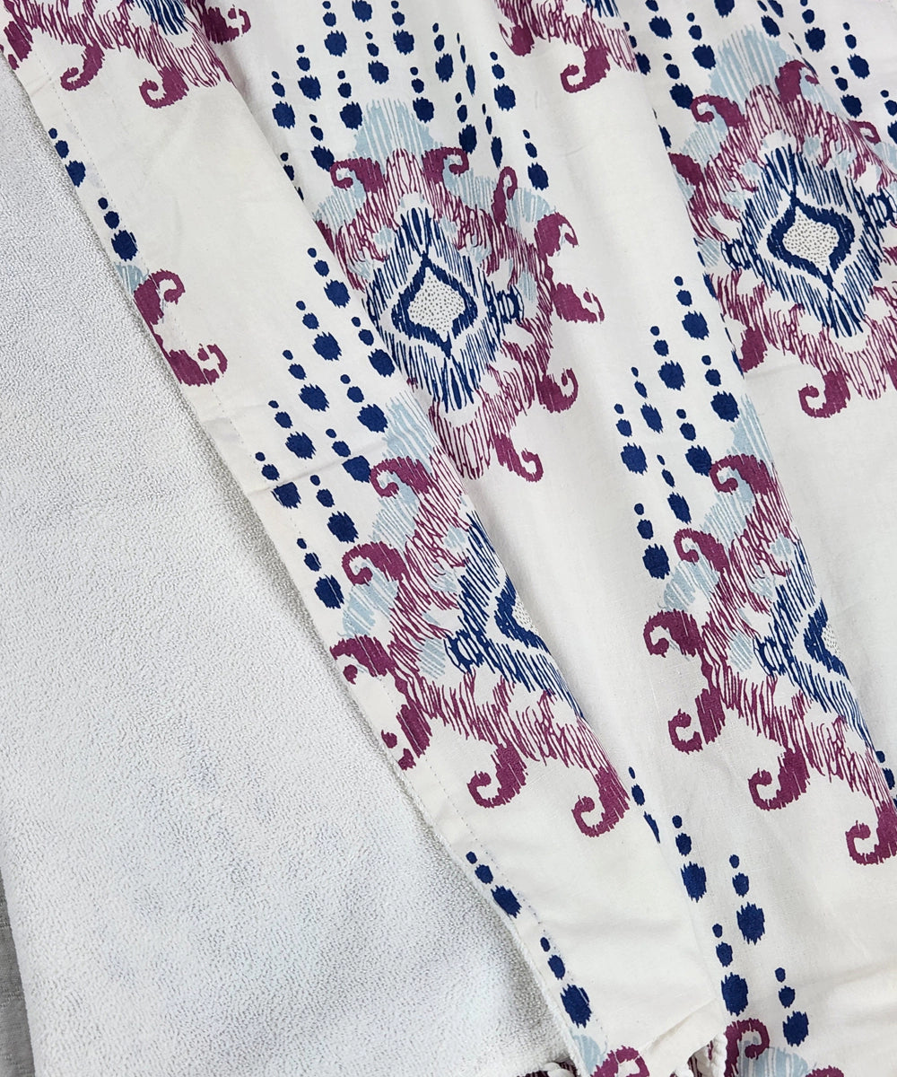 Printed 1 pc Bath + 2 pcs Hand Towel Set | Printed Cotton Front with Light Weight White Terry Back | Cream Ikat Print