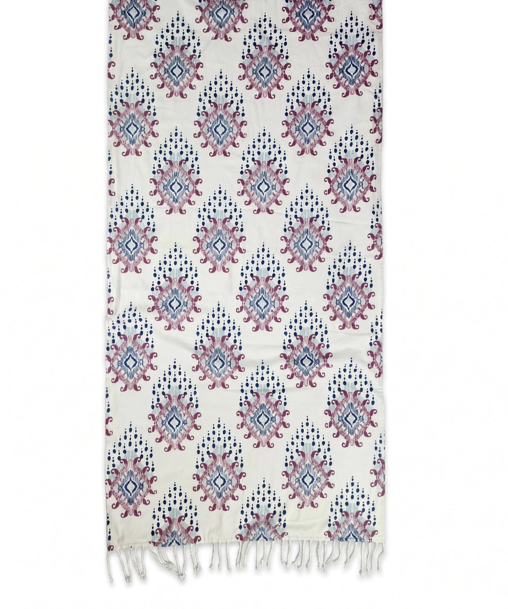 Printed 1 pc Bath + 2 pcs Hand Towel Set | Printed Cotton Front with Light Weight White Terry Back | Cream Ikat Print