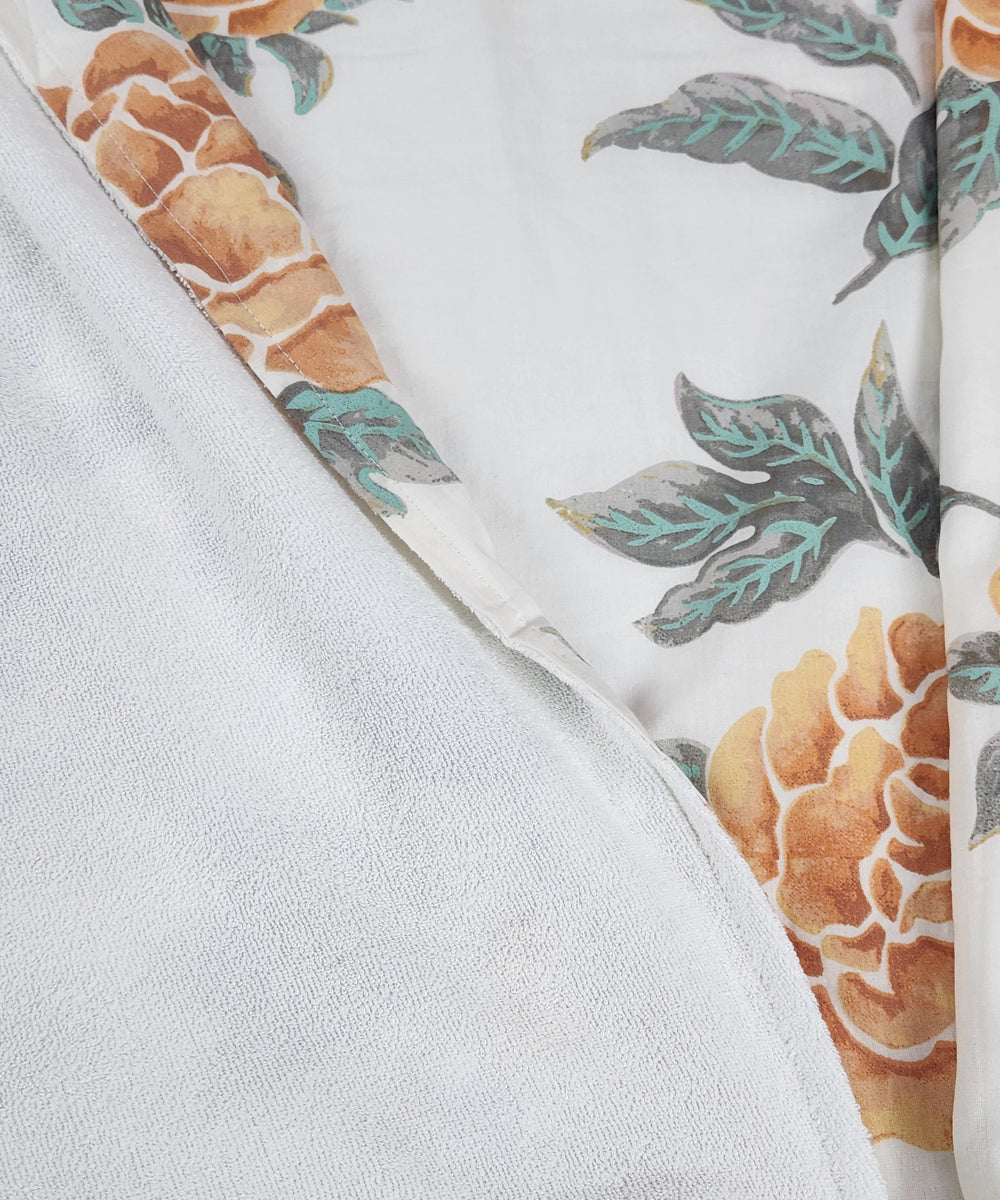 Printed 1 pc Bath + 2 pcs Hand Towel Set | Printed Cotton Front with Light Weight White Terry Back | Cream with Orange & Green Floral