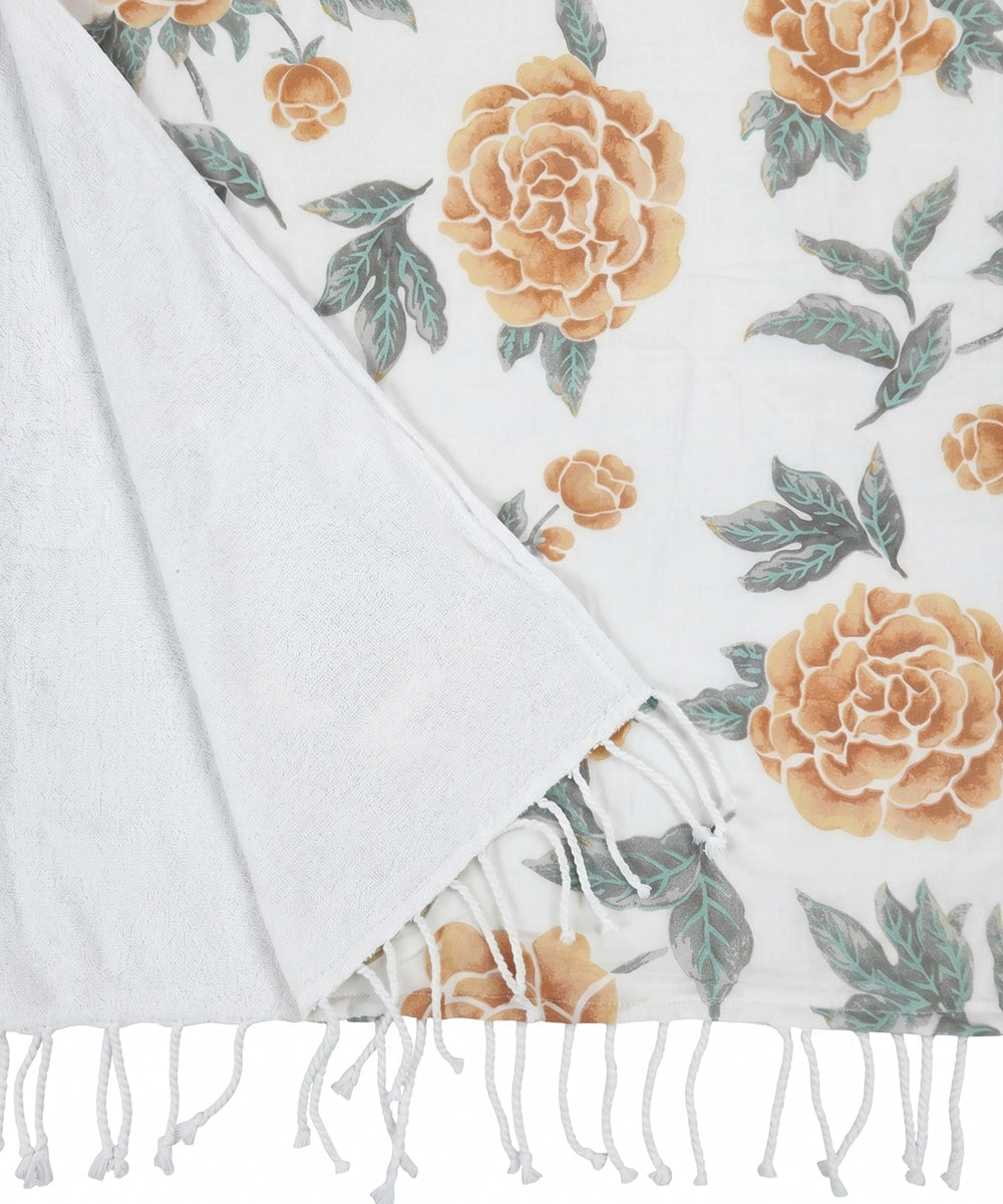 Printed 1 pc Bath + 2 pcs Hand Towel Set | Printed Cotton Front with Light Weight White Terry Back | Cream with Orange & Green Floral