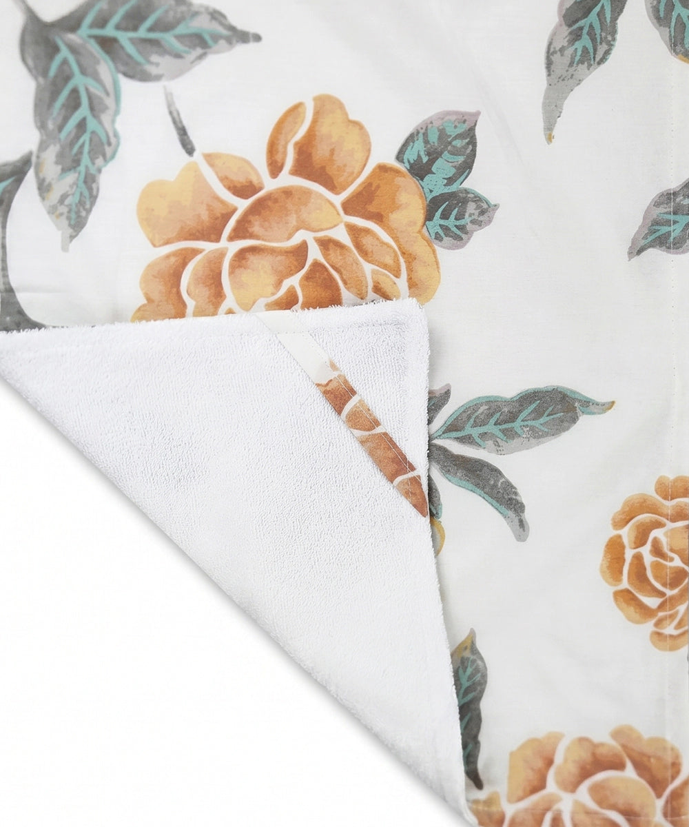 Printed 1 pc Bath + 2 pcs Hand Towel Set | Printed Cotton Front with Light Weight White Terry Back | Cream with Orange & Green Floral