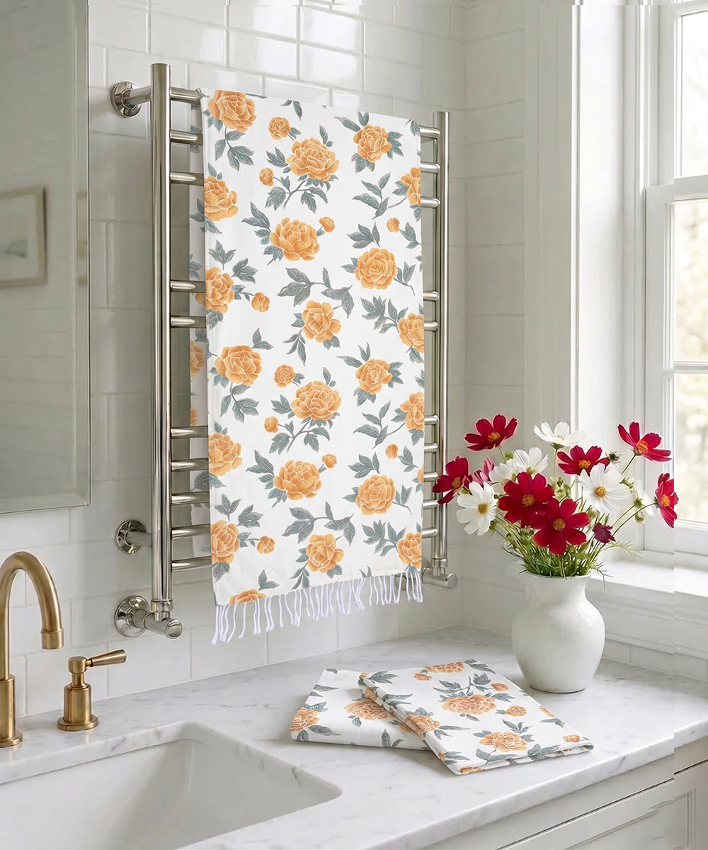 Printed 1 pc Bath + 2 pcs Hand Towel Set | Printed Cotton Front with Light Weight White Terry Back | Cream with Orange & Green Floral