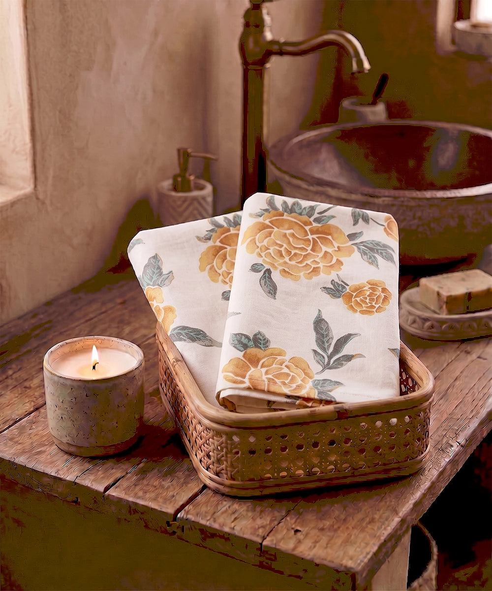 Set of 2 Printed Hand Towel I Printed Cotton Front with Light Weight White Terry Back  I Cream with orange & green floral print