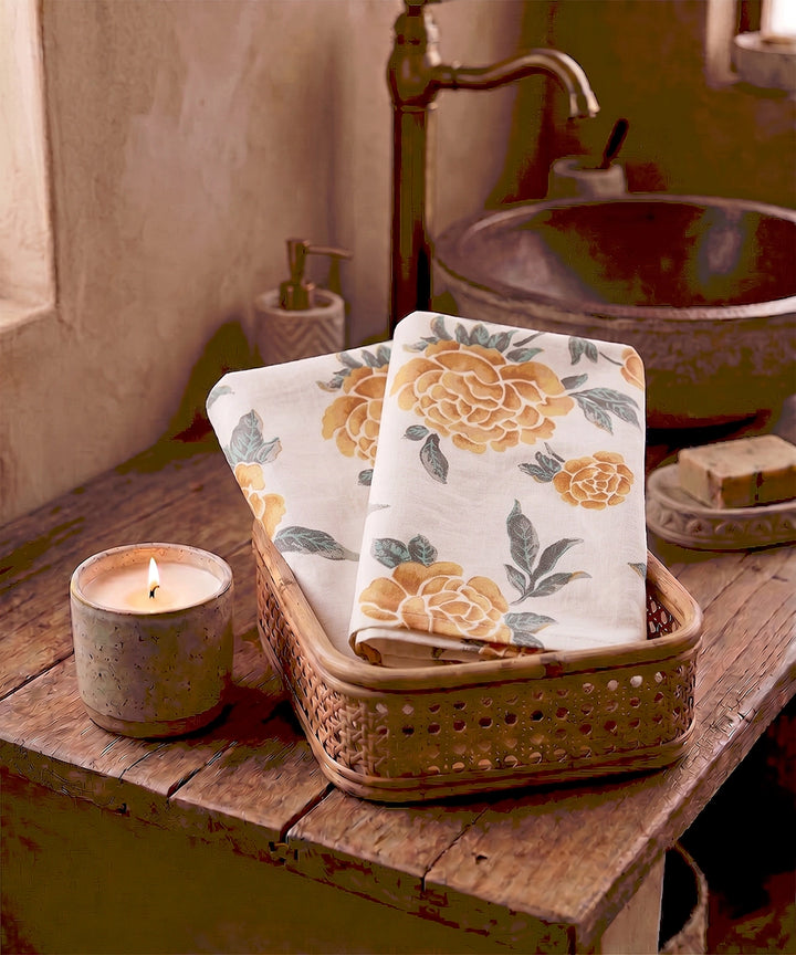 Set of 2 Printed Hand Towel I Printed Cotton Front with Light Weight White Terry Back  I Cream with orange & green floral print