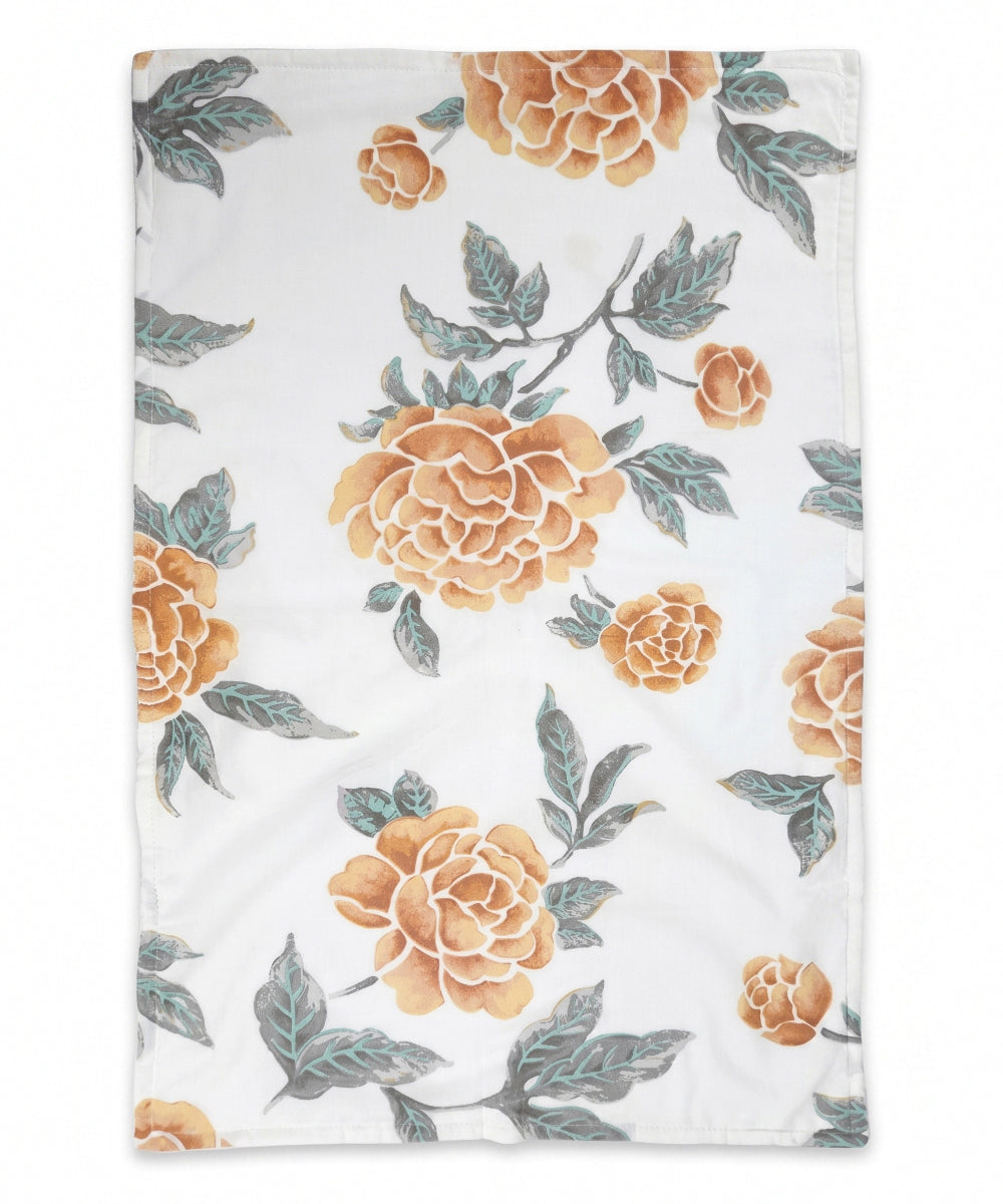 Printed 1 pc Bath + 2 pcs Hand Towel Set | Printed Cotton Front with Light Weight White Terry Back | Cream with Orange & Green Floral