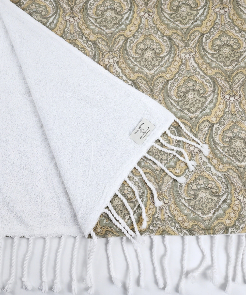 Printed 1 pc Bath + 2 pcs Hand Towel Set | Printed Cotton Front with Light Weight White Terry Back | Olive Yellow Paisley Print
