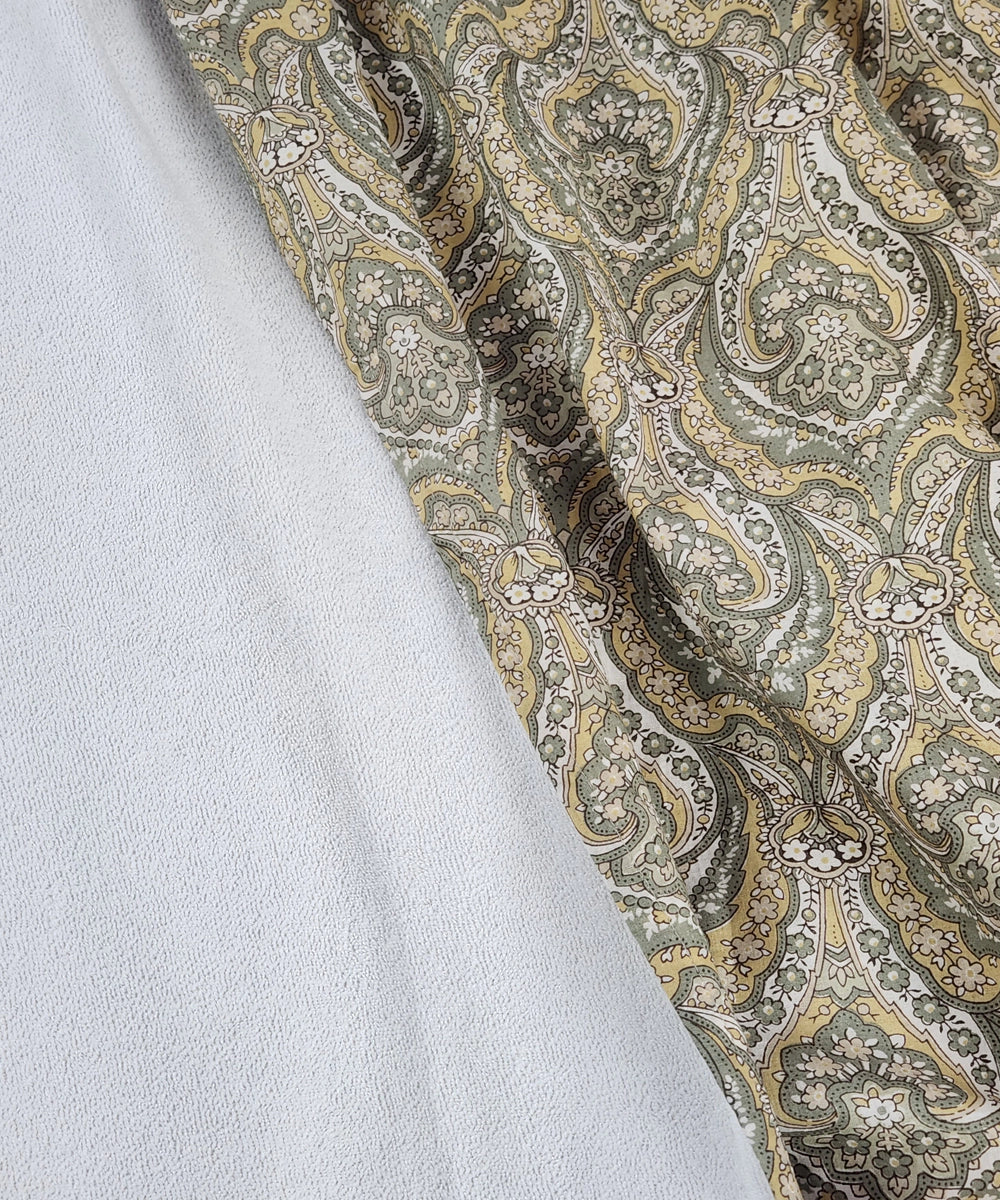 Printed 1 pc Bath + 2 pcs Hand Towel Set | Printed Cotton Front with Light Weight White Terry Back | Olive Yellow Paisley Print