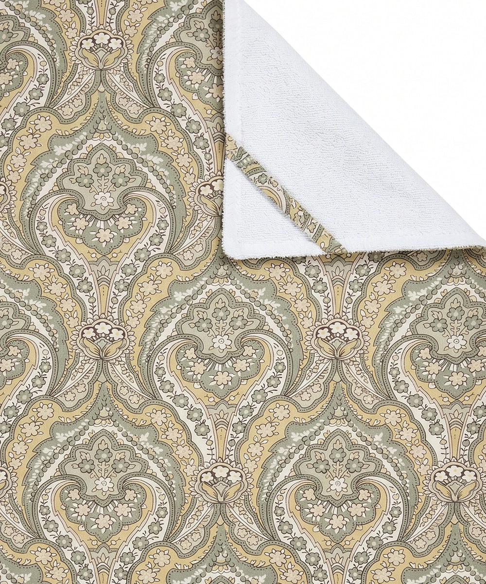 Set of 2 Printed Hand Towel I Printed Cotton Front with Light Weight White Terry Back | Olive Yellow Paisley Print