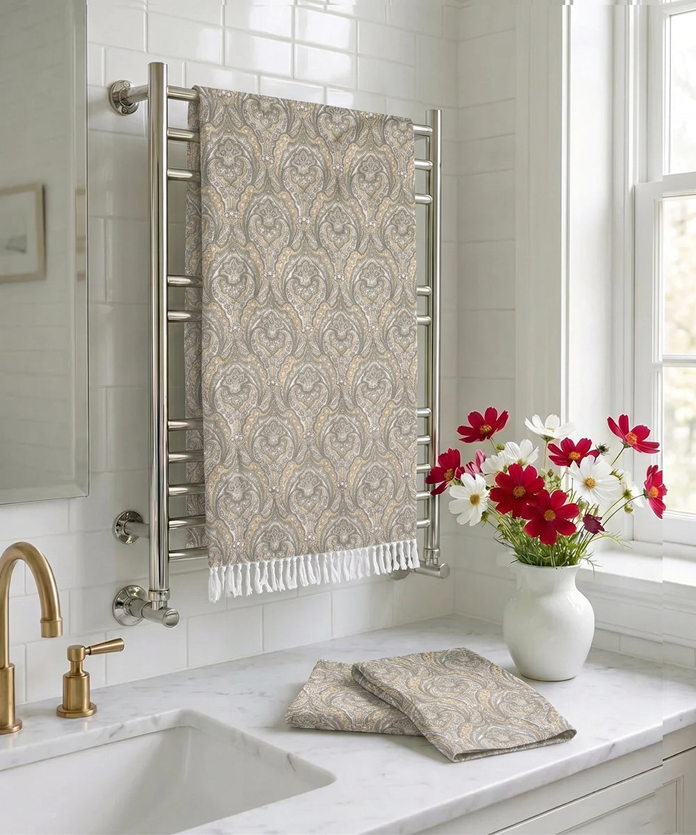 Printed 1 pc Bath + 2 pcs Hand Towel Set | Printed Cotton Front with Light Weight White Terry Back | Olive Yellow Paisley Print