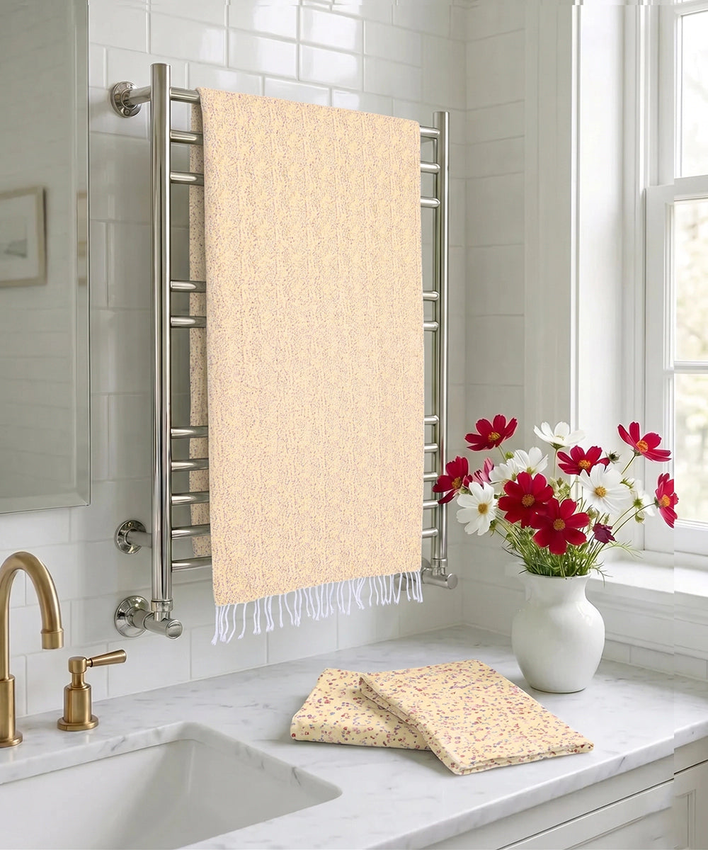 Printed 1 pc Bath + 2 pcs Hand Towel Set | Printed Cotton Front with Light Weight White Terry Back | Yellow Ditsy Print