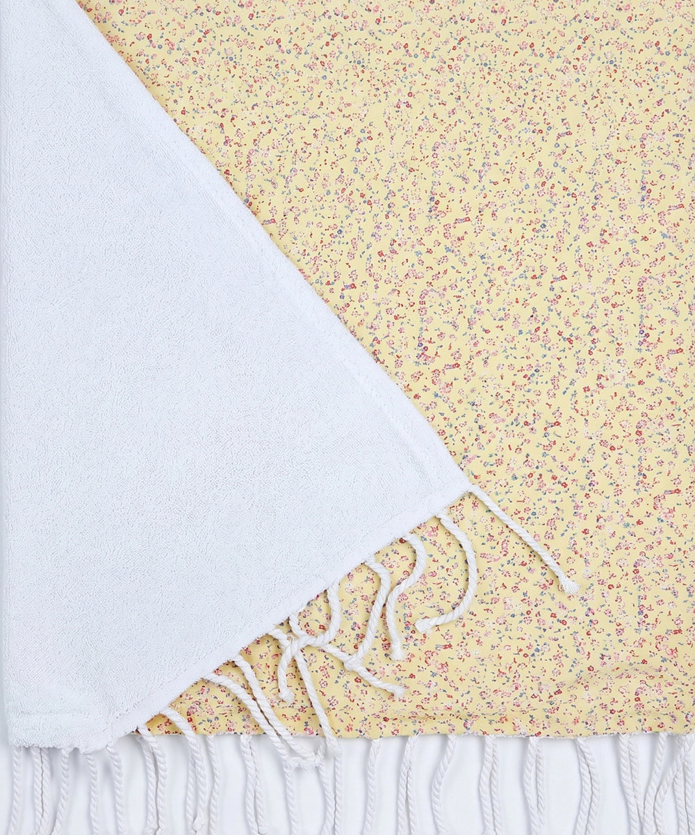 Printed 1 pc Bath + 2 pcs Hand Towel Set | Printed Cotton Front with Light Weight White Terry Back | Yellow Ditsy Print