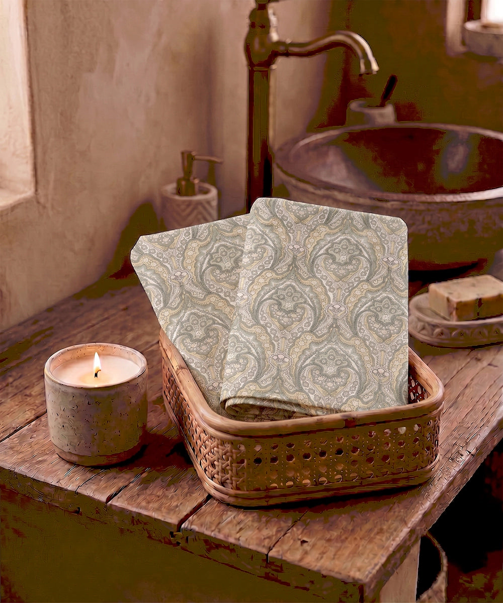 Set of 2 Printed Hand Towel I Printed Cotton Front with Light Weight White Terry Back | Olive Yellow Paisley Print