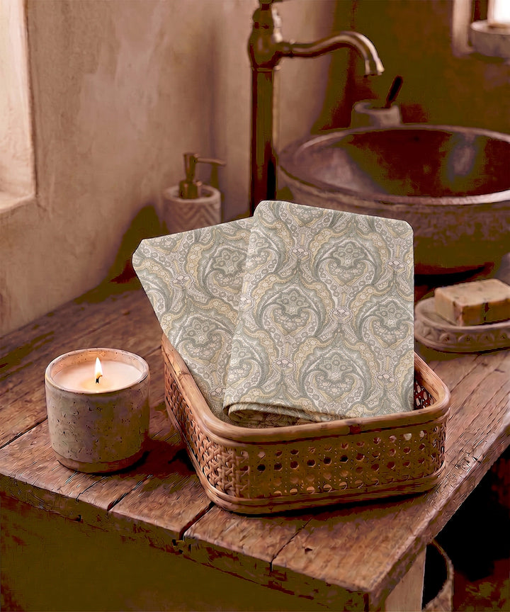 Set of 2 Printed Hand Towel I Printed Cotton Front with Light Weight White Terry Back | Olive Yellow Paisley Print