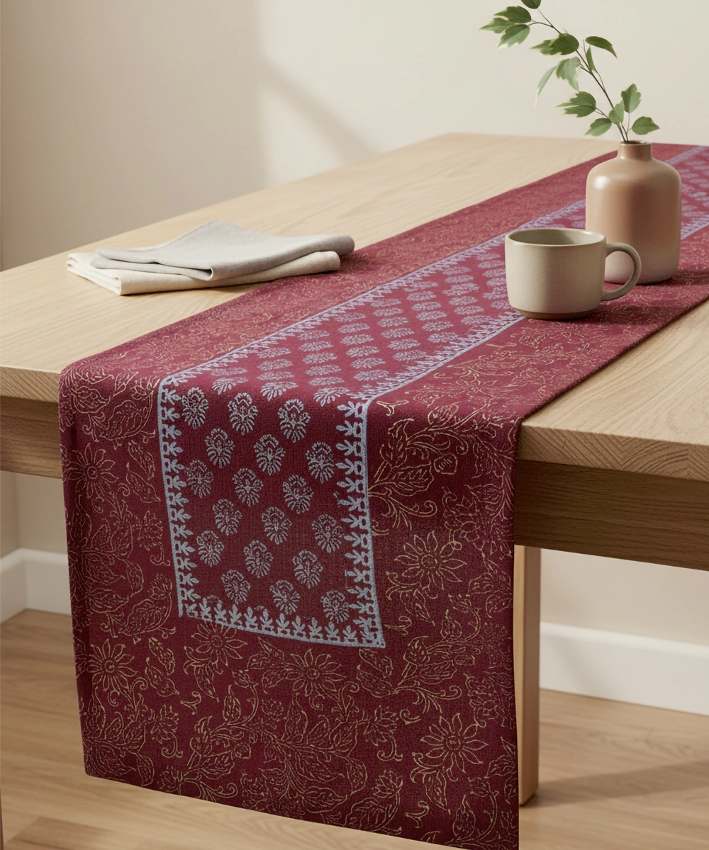6 Seater Maroon Block Printed Cotton Canvas Table Runner (13 x 84 Inches)