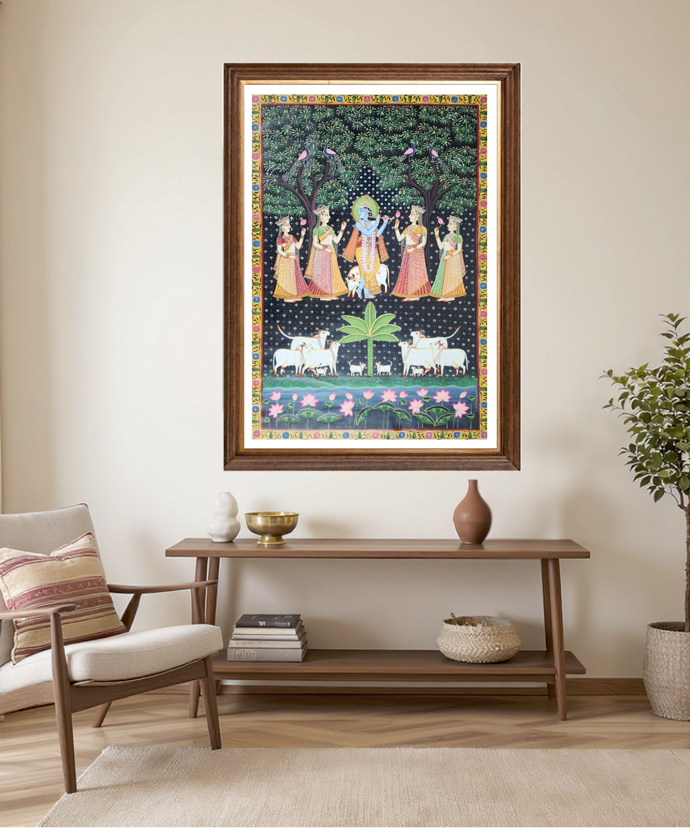 Pichwai Hand Painting On Cloth | Krishna Ji with Gopis | 2x3 Feet | Unframed
