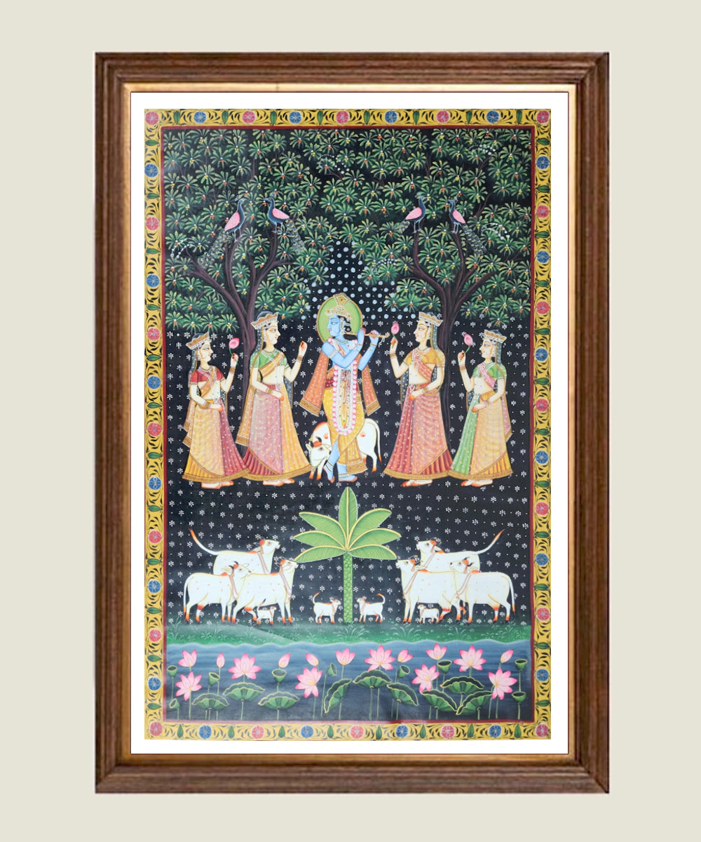 Pichwai Hand Painting On Cloth | Krishna Ji with Gopis | 2x3 Feet | Unframed