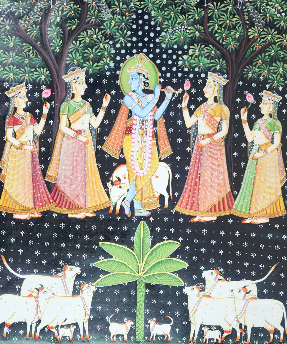 Pichwai Hand Painting On Cloth | Krishna Ji with Gopis | 2x3 Feet | Unframed