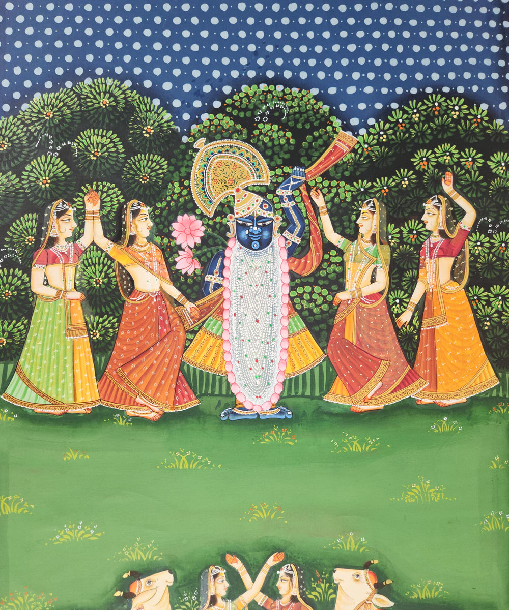 Pichwai Hand Painting On Cloth | Shrinath ji with gopis | 2x3 Feet | Unframed