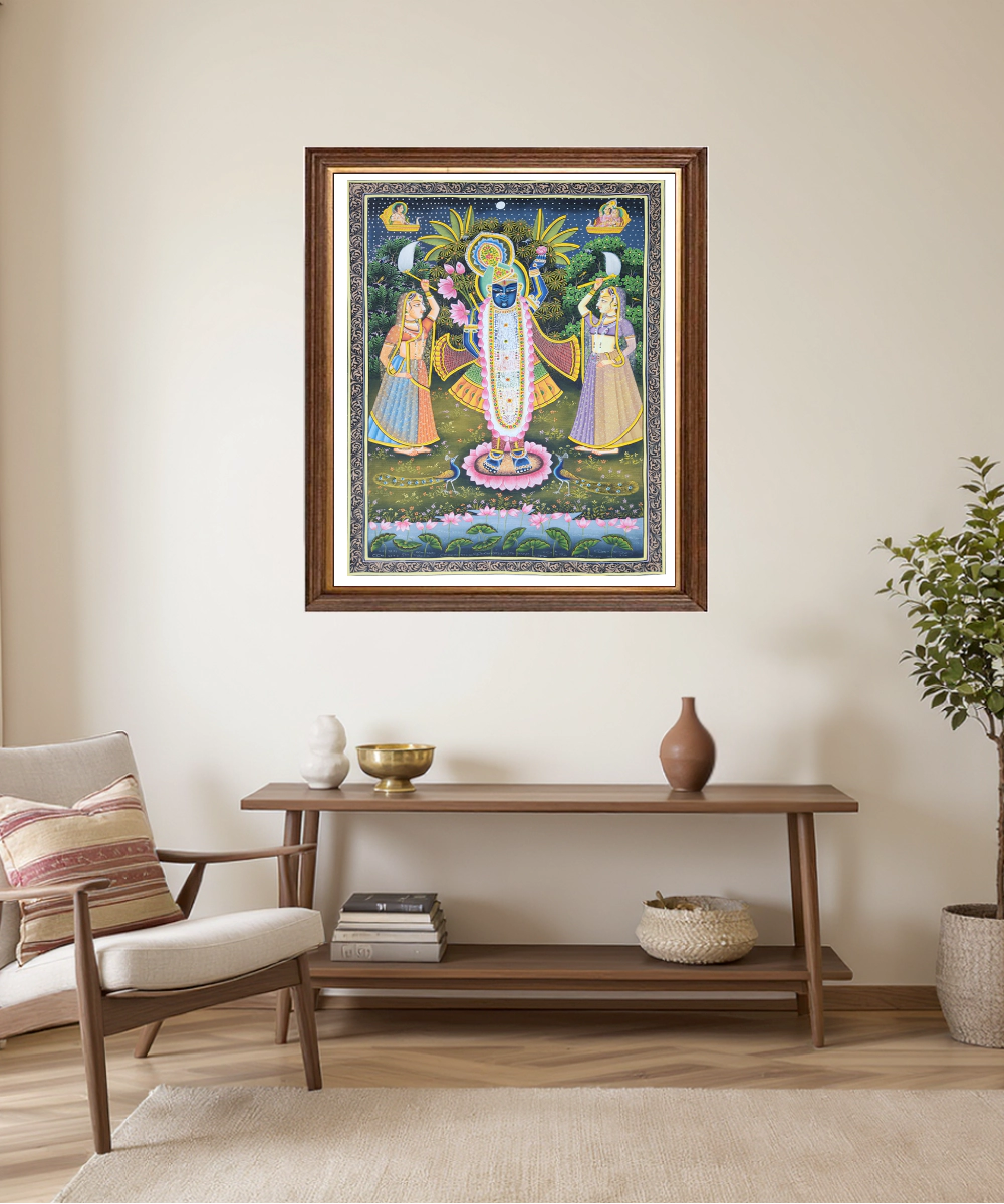 Pichwai Hand Painting On Cloth | Shrinath Ji with Gopis | 16x23 Inches | Unframed