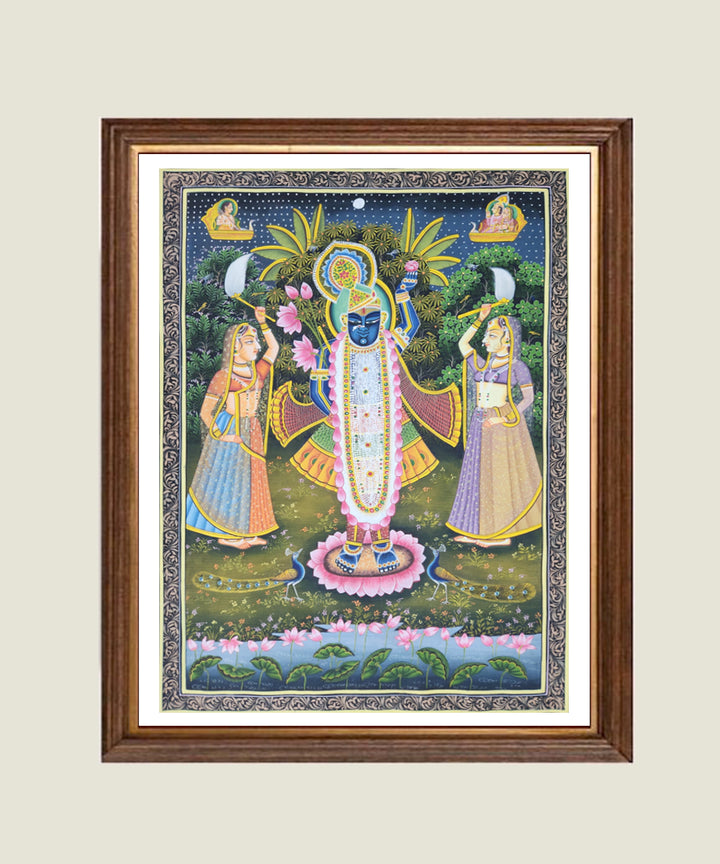 Pichwai Hand Painting On Cloth | Shrinath Ji with Gopis | 16x23 Inches | Unframed