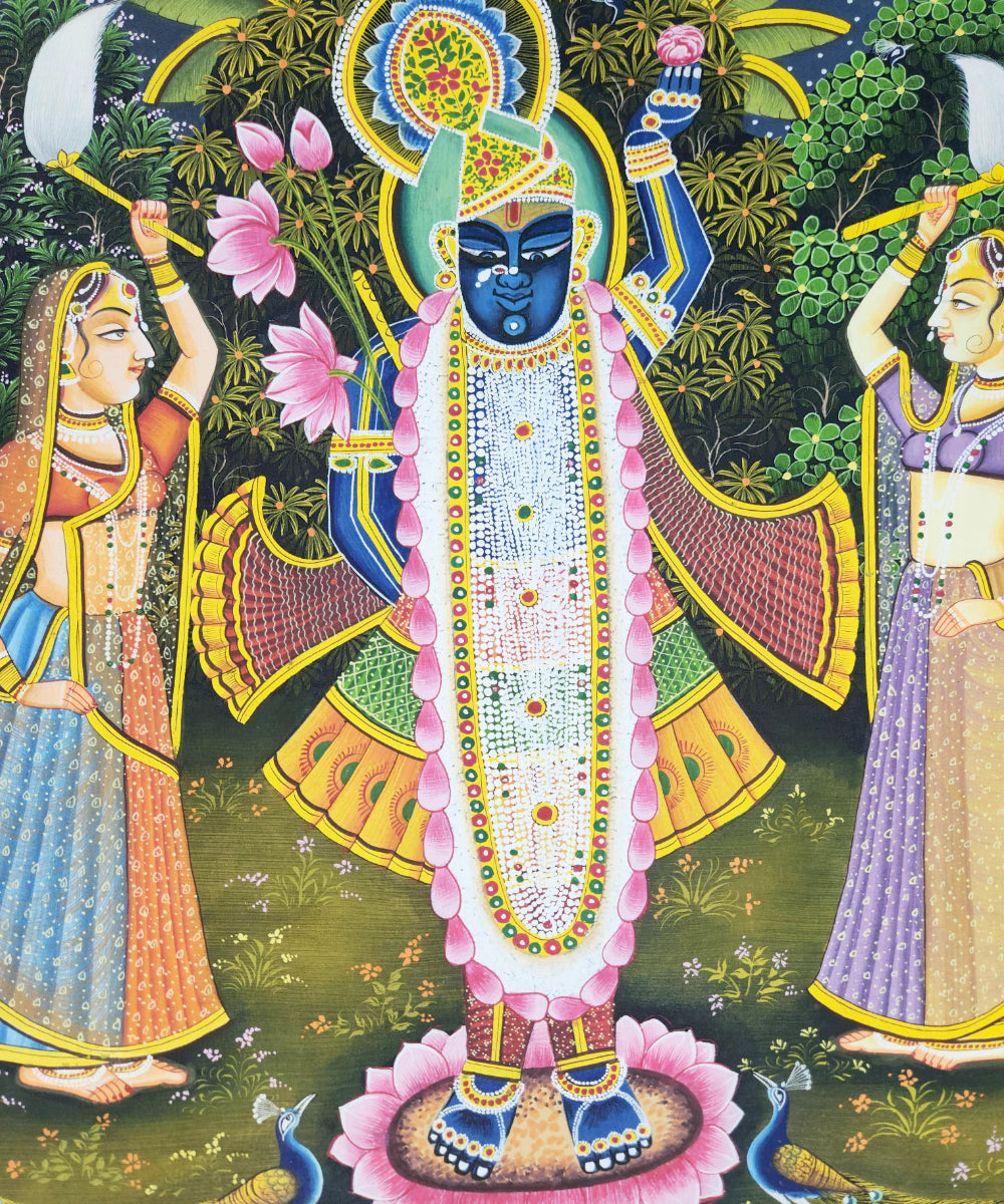 Pichwai Hand Painting On Cloth | Shrinath Ji with Gopis | 16x23 Inches | Unframed