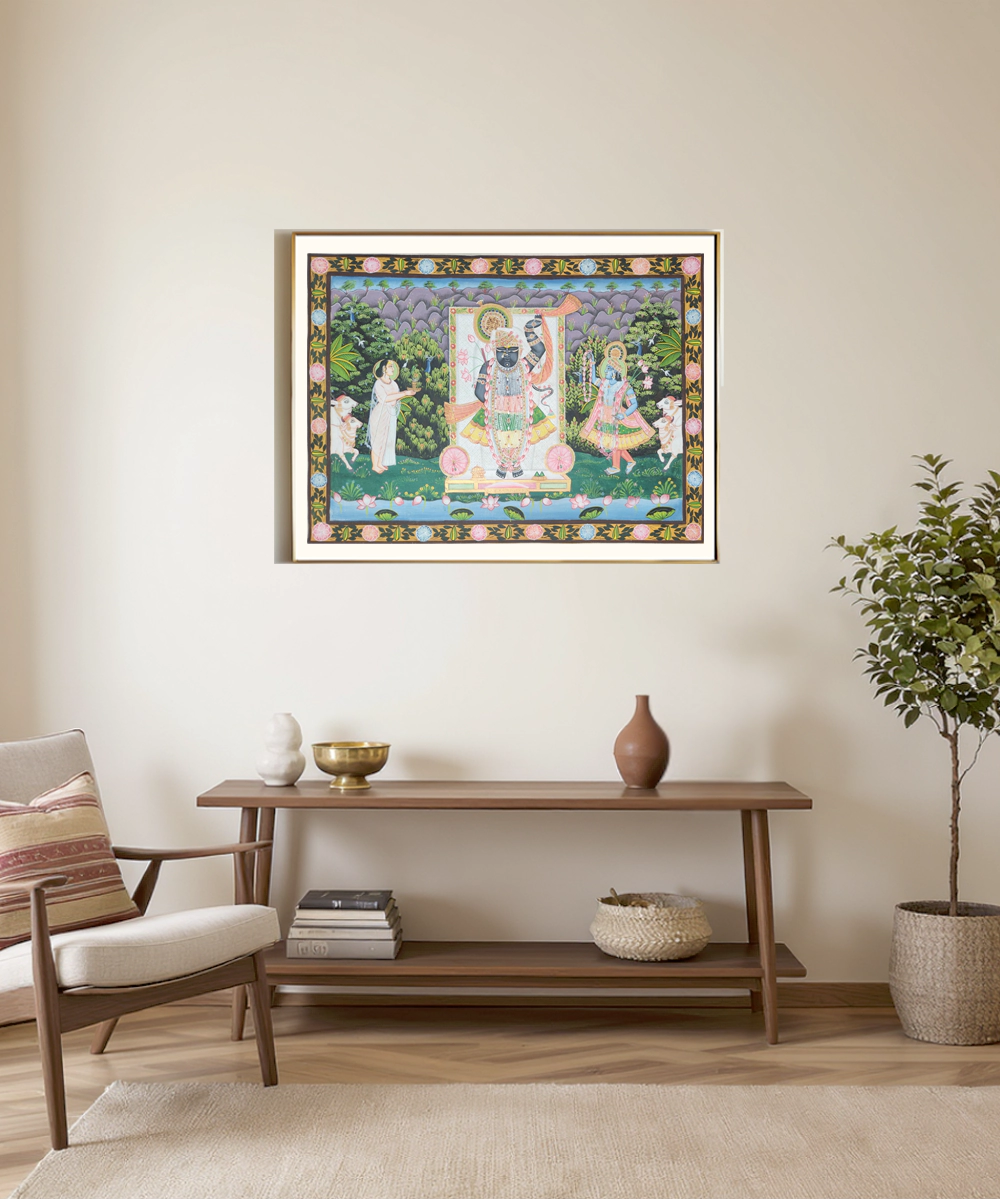 Pichwai Hand Painting On Cloth | Shrinath Ji with devotees | 21.75 x 15.75 Inches | Unframed