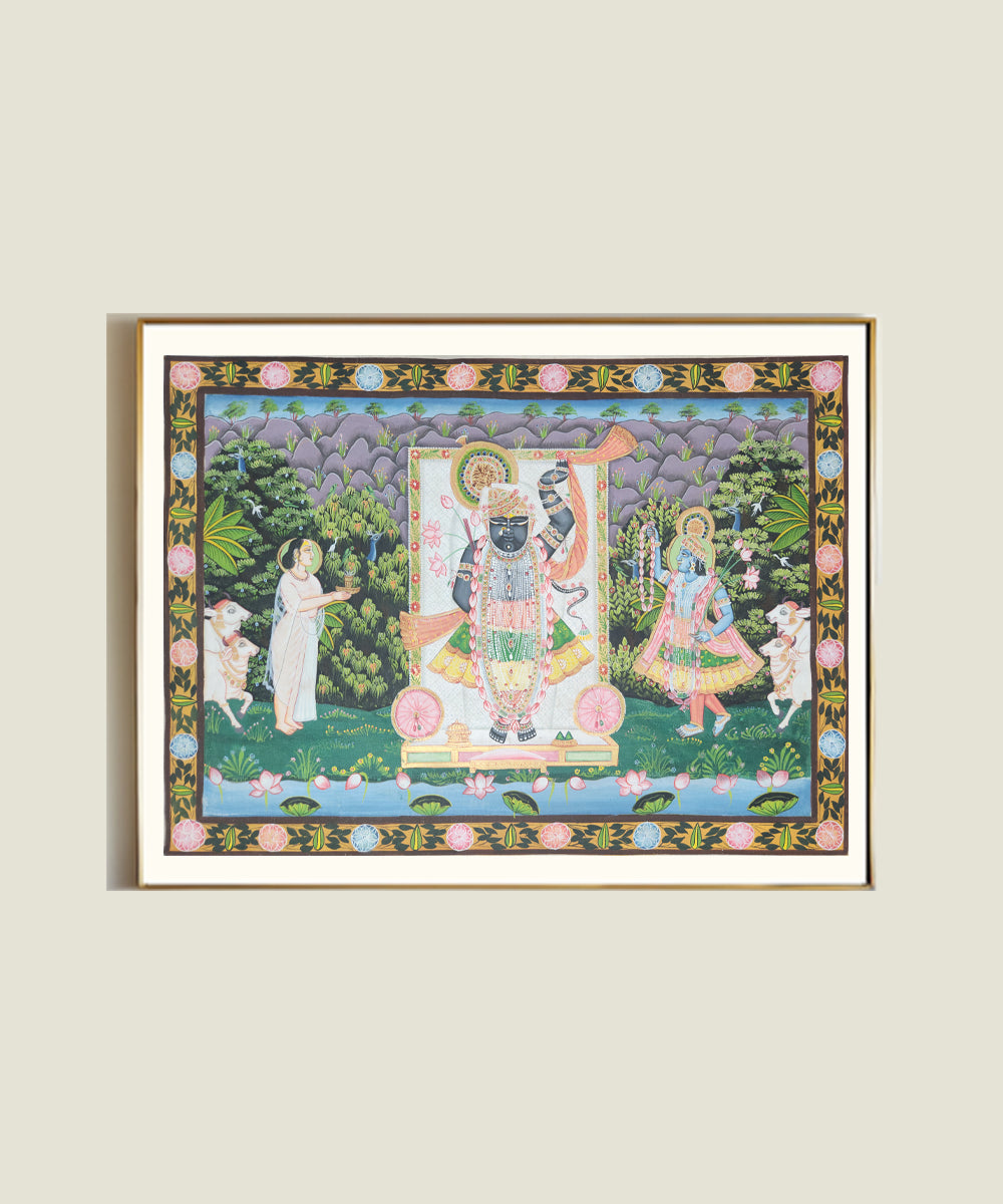Pichwai Hand Painting On Cloth | Shrinath Ji with devotees | 21.75 x 15.75 Inches | Unframed