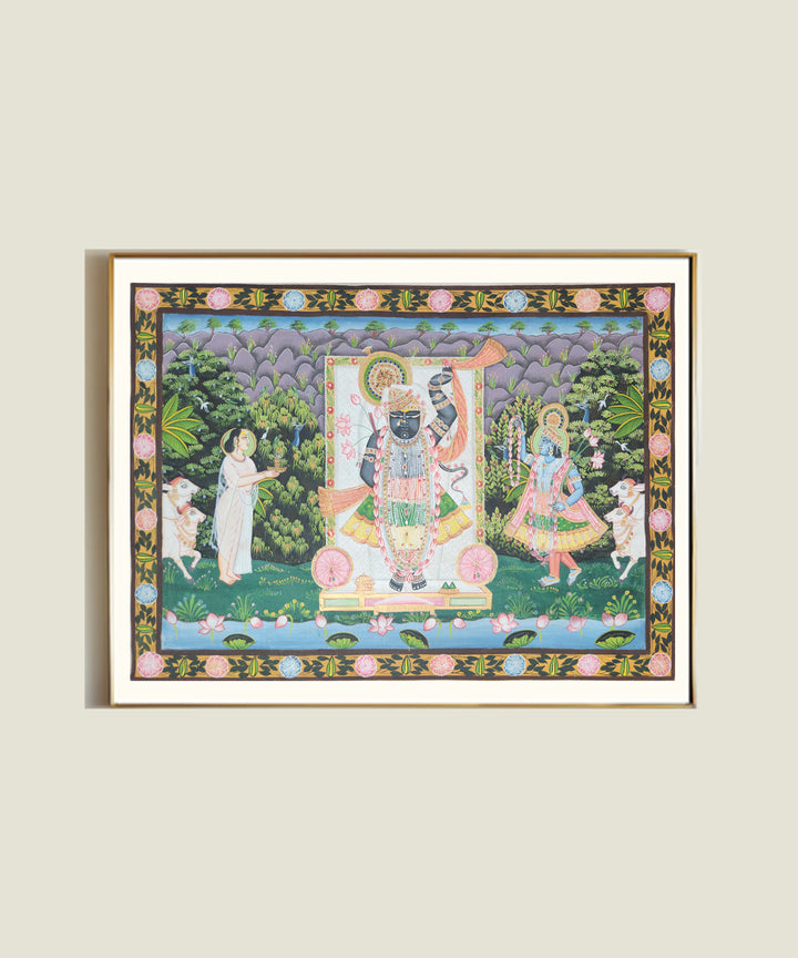 Pichwai Hand Painting On Cloth | Shrinath Ji with devotees | 21.75 x 15.75 Inches | Unframed