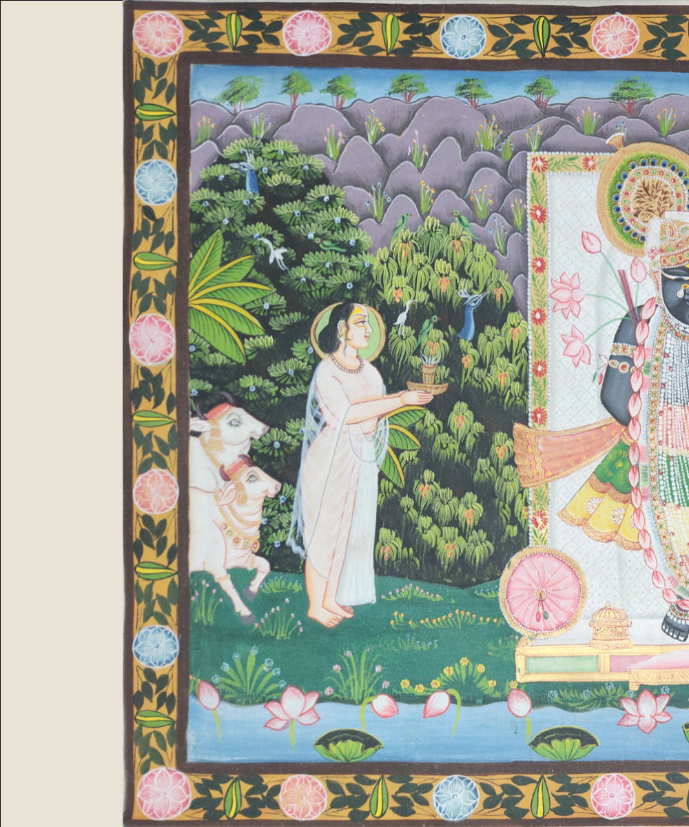 Pichwai Hand Painting On Cloth | Shrinath Ji with devotees | 21.75 x 15.75 Inches | Unframed