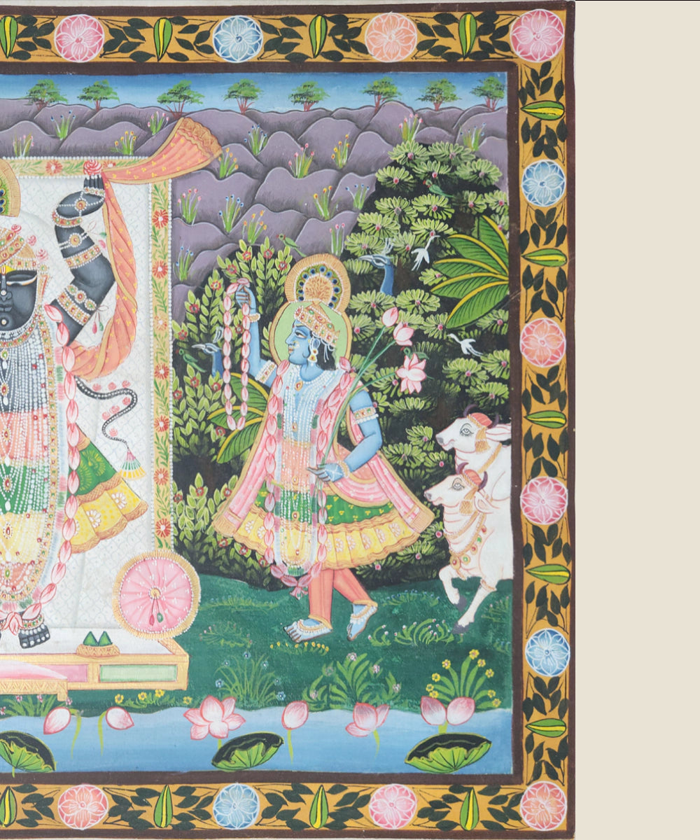 Pichwai Hand Painting On Cloth | Shrinath Ji with devotees | 21.75 x 15.75 Inches | Unframed