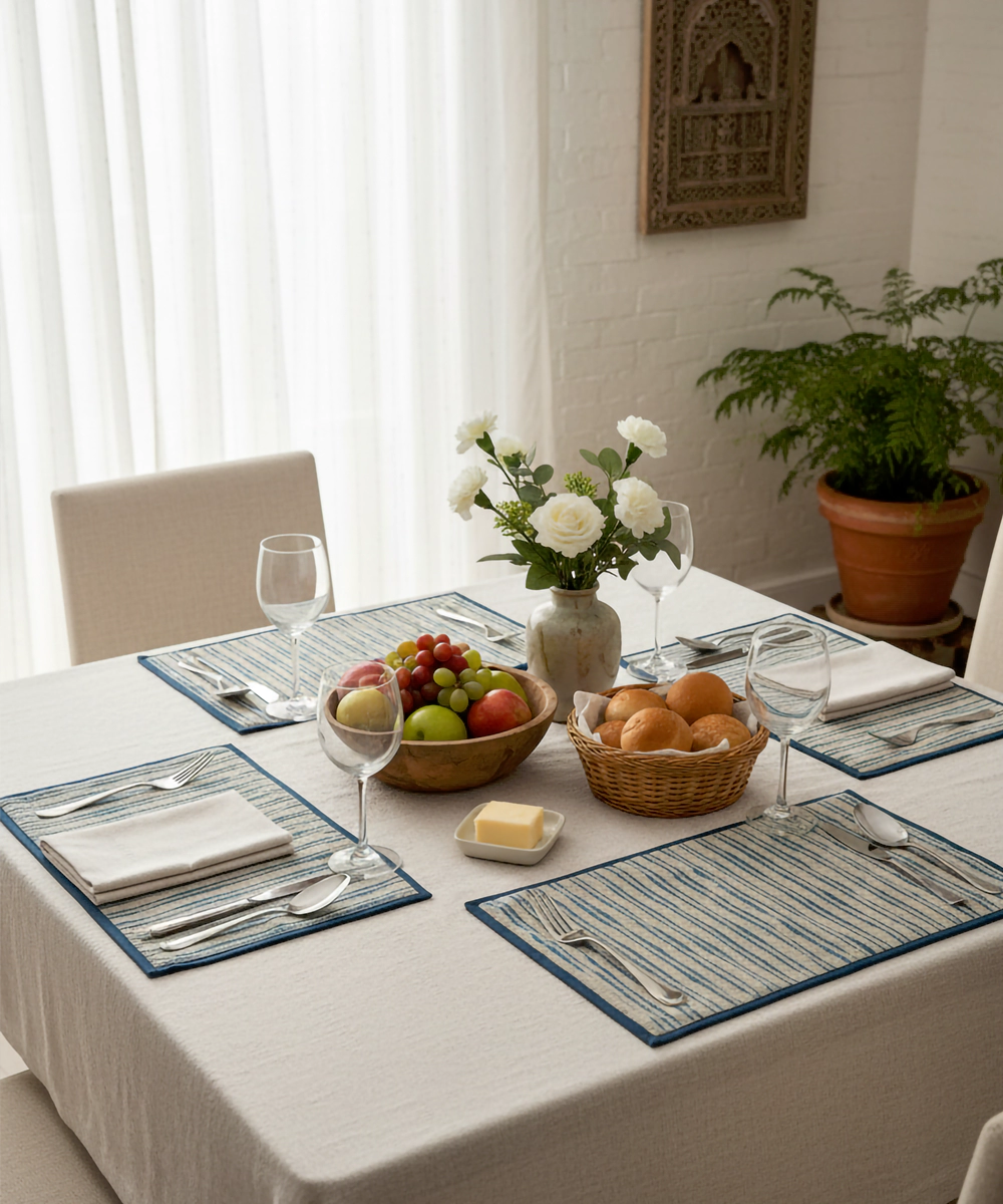 Set of 6 pcs Linen Natural & Teal Yarn Dye Table Mats