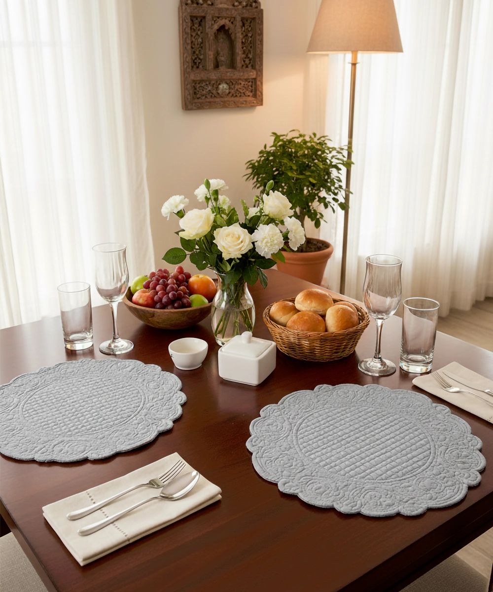 Set of 2 Quilted Cotton Grey Round Table Mats
