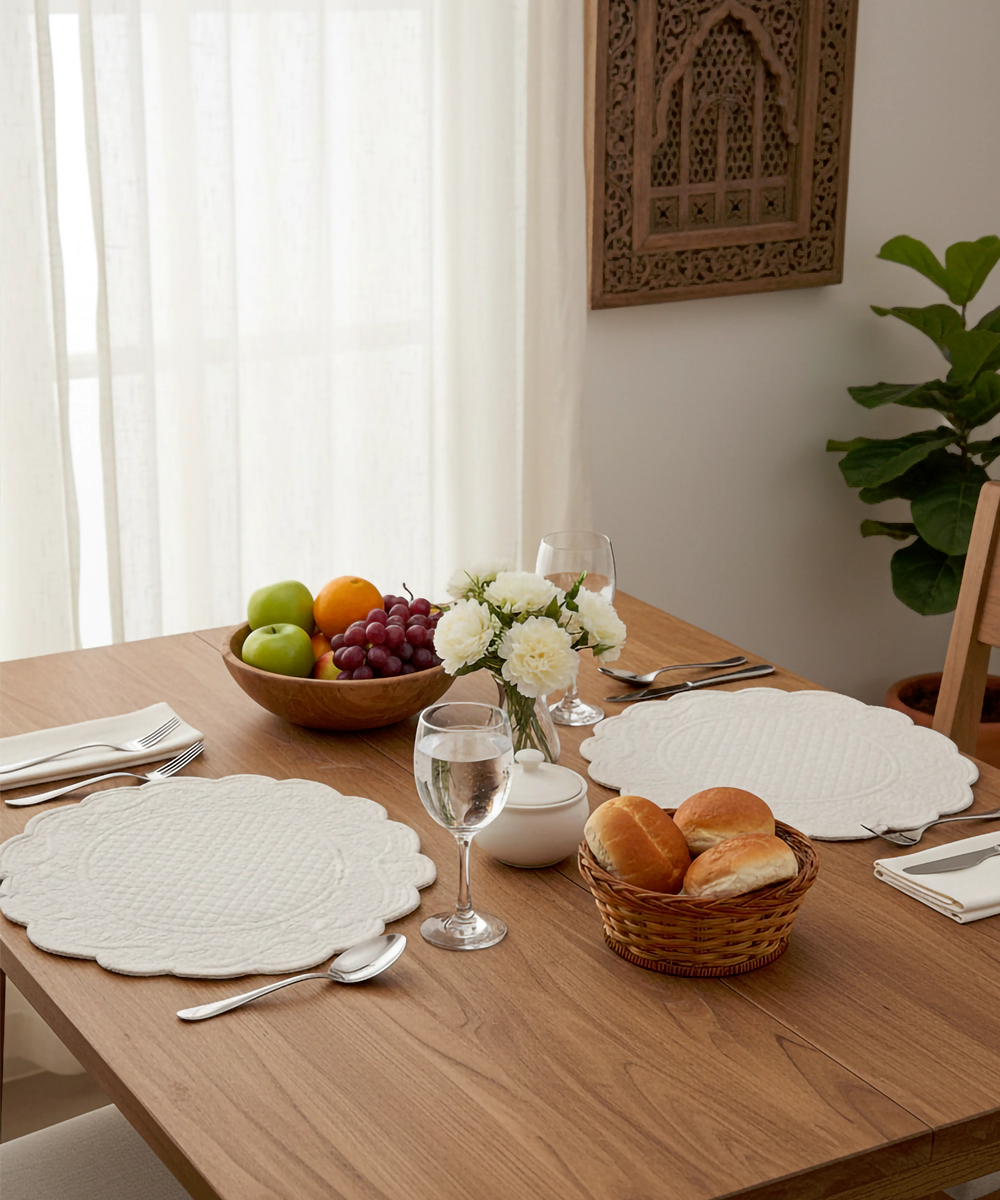 Set of 2 Quilted Cotton Beige Round Table Mats