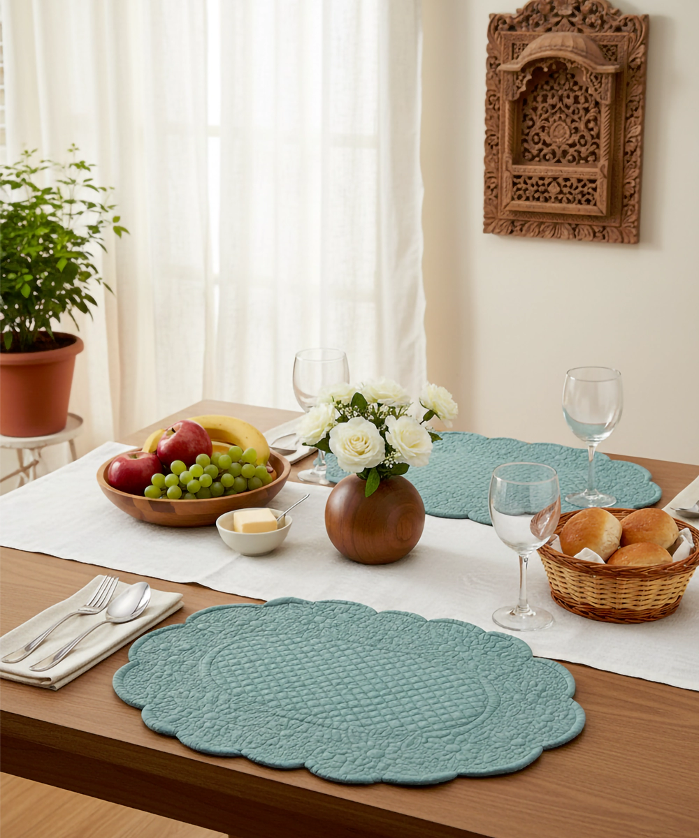 Set of 2 Quilted Cotton Olive oval Table Mats
