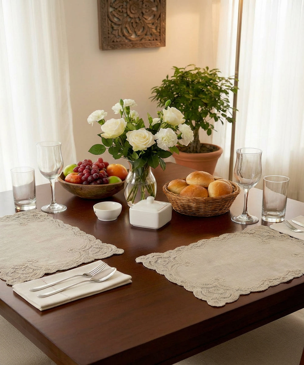 Set of 4 pcs Beige Cutwork Embroidered Cotton Slub Table Mats
