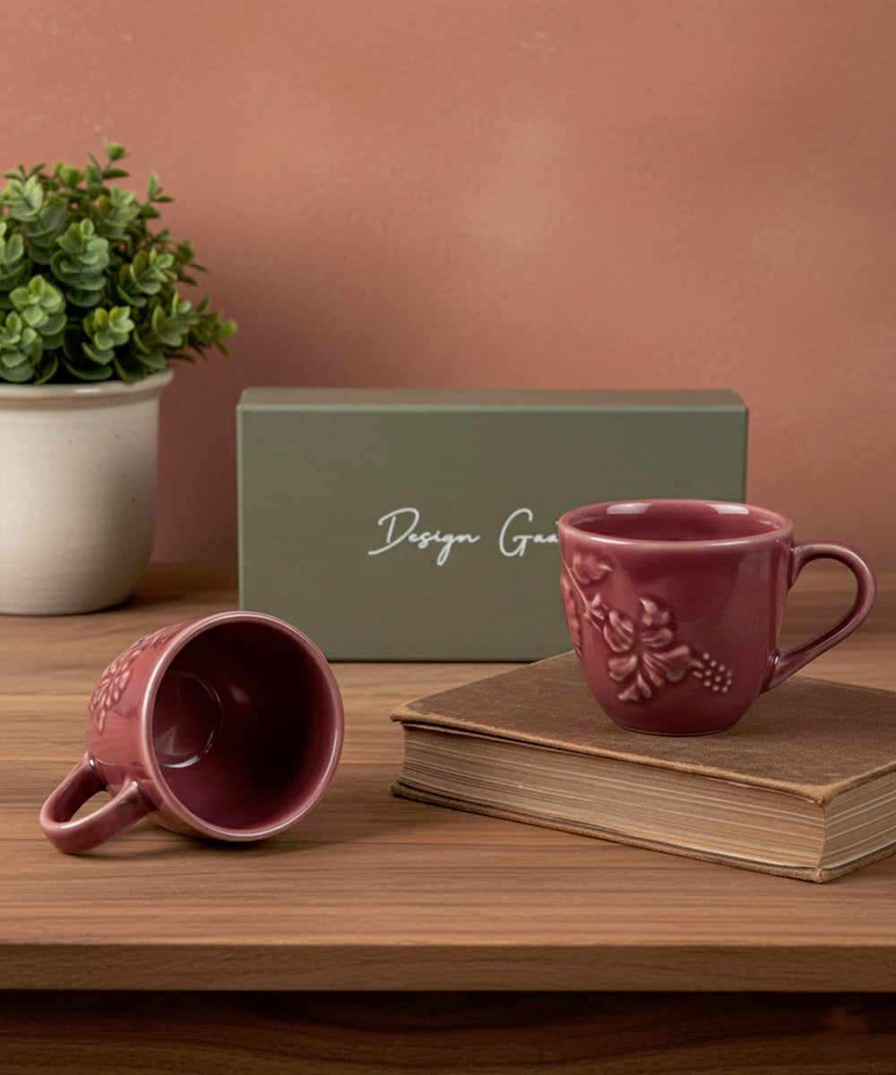 Gift Box Set of 2 Maroon Ceramic Coffee Cups (180ml)