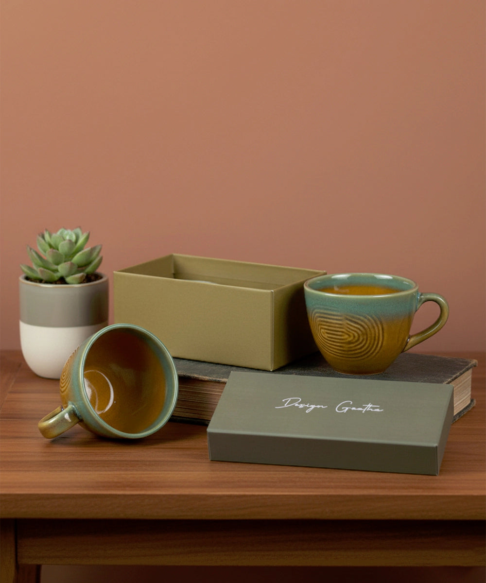 Gift Box Set of 2 pcs Amber & Turq Circular Line Ceramic Cup (180 ml)