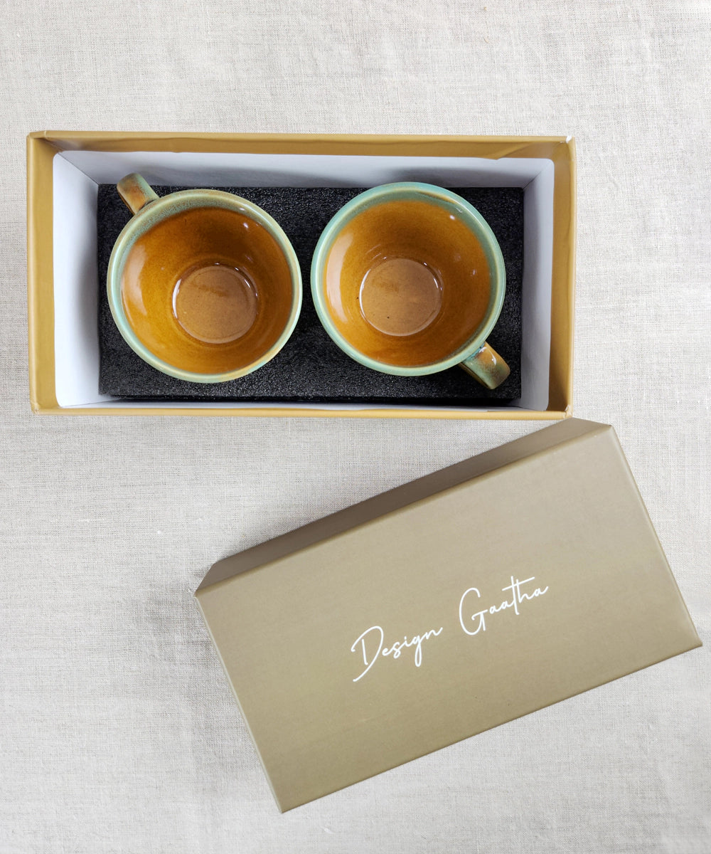 Gift Box Set of 2 pcs Amber & Turq Circular Line Ceramic Cup (180 ml)
