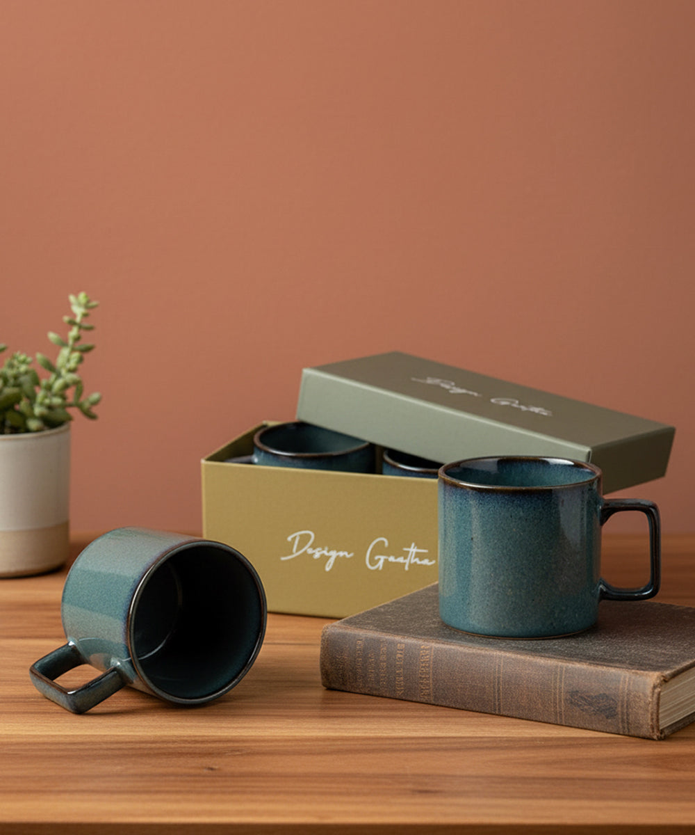 Gift Box Set of 2 Ocean Blue Stackable Ceramic Coffee Mug (300 ml)