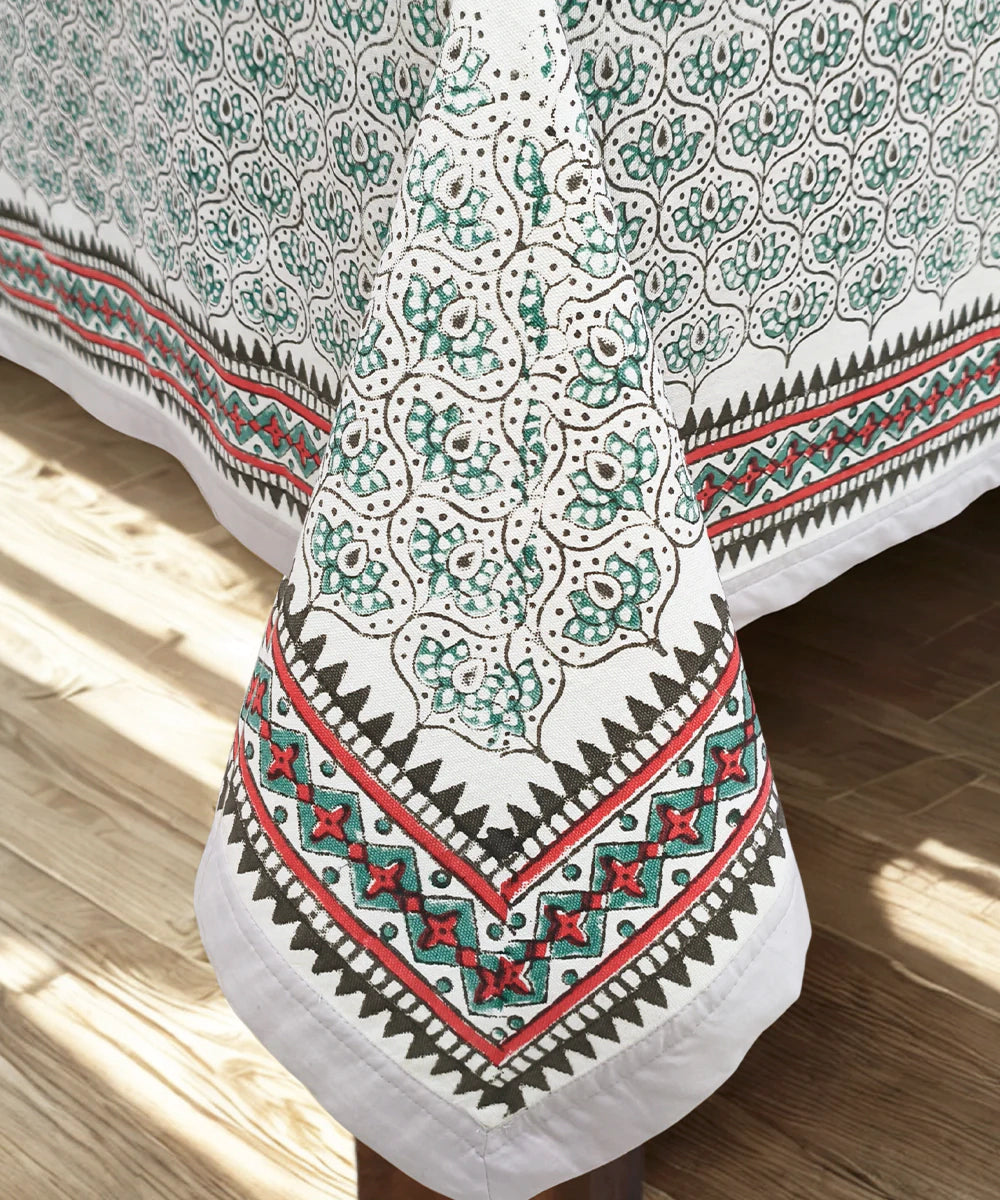 6 Seater Hand Block Printed Off white, Grey & Pink Cotton Table Cloth