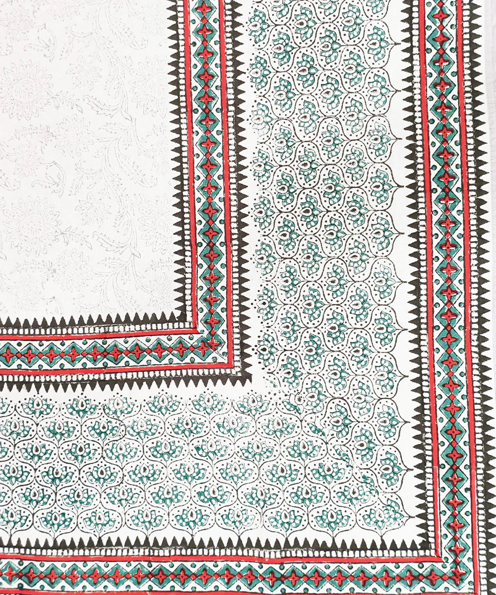 6 Seater Hand Block Printed Off white, Grey & Pink Cotton Table Cloth